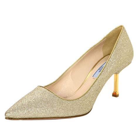 gold prada pumps|Prada chunky heel pumps.